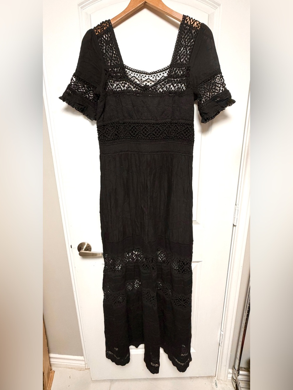 Free People Black Crochet Lace Boho Goth Maxi Dress Size M